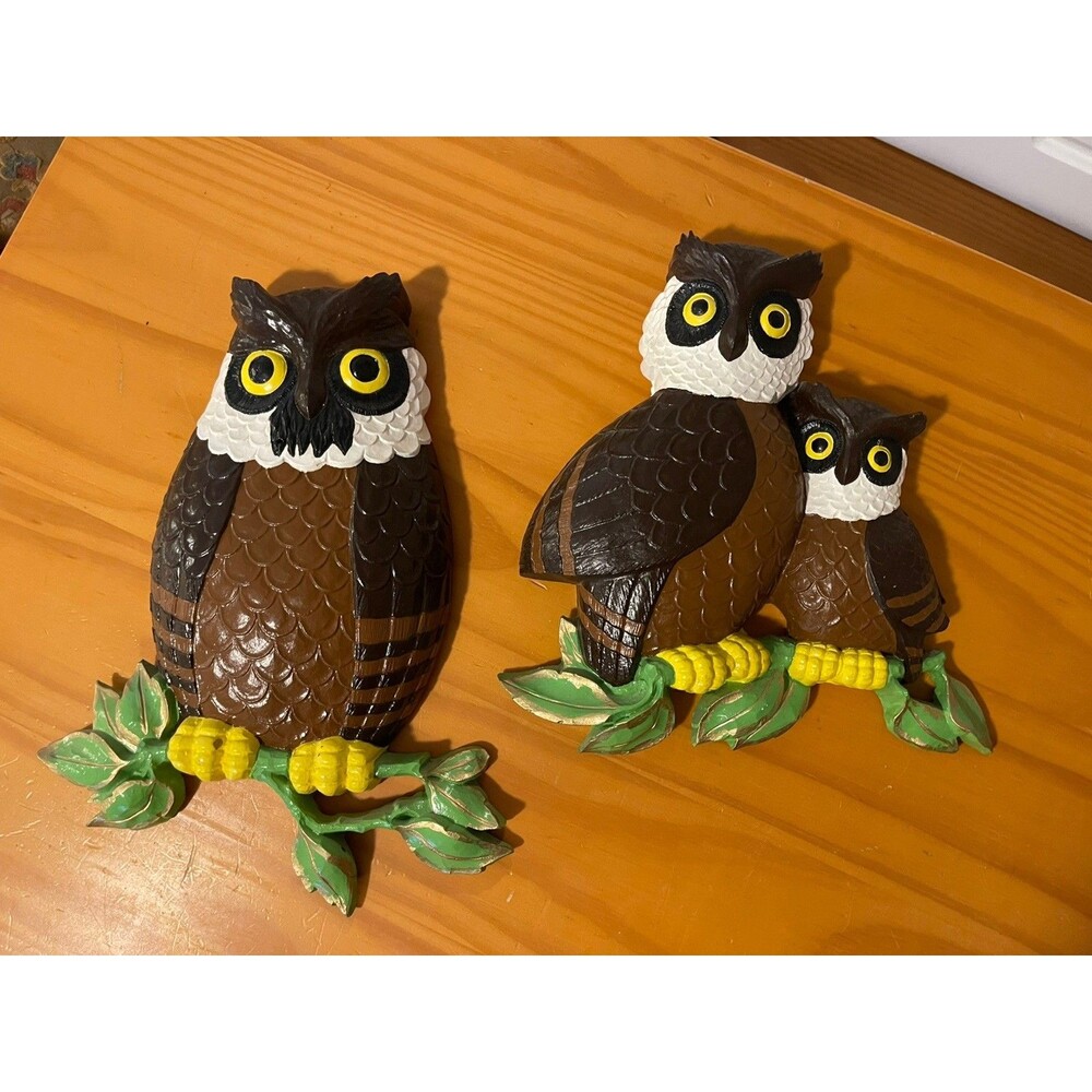 Vintage (2) Owl CERAMIC Wall Hanging Art Plaque Hand Painted MCM